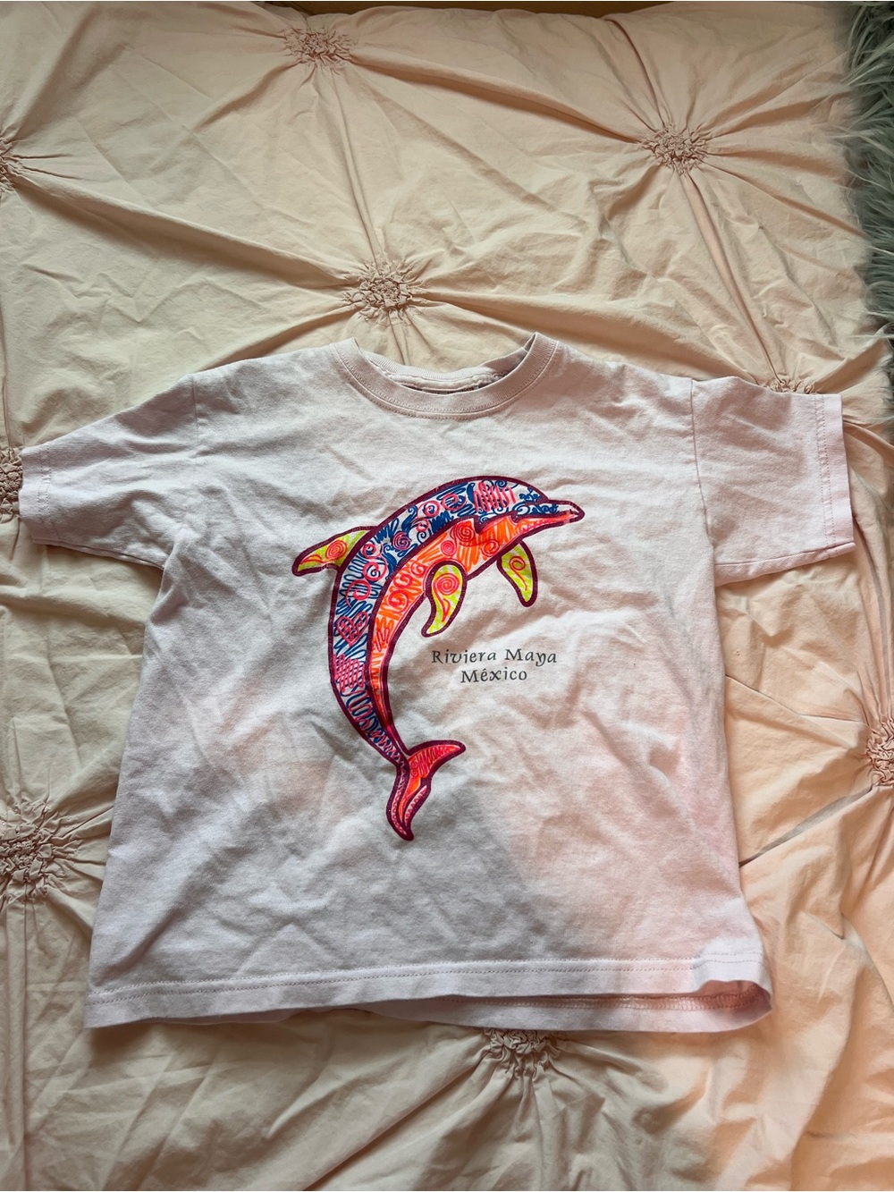 Kids White Short-Sleeve Tee with Multicolor Dolphin Graphic